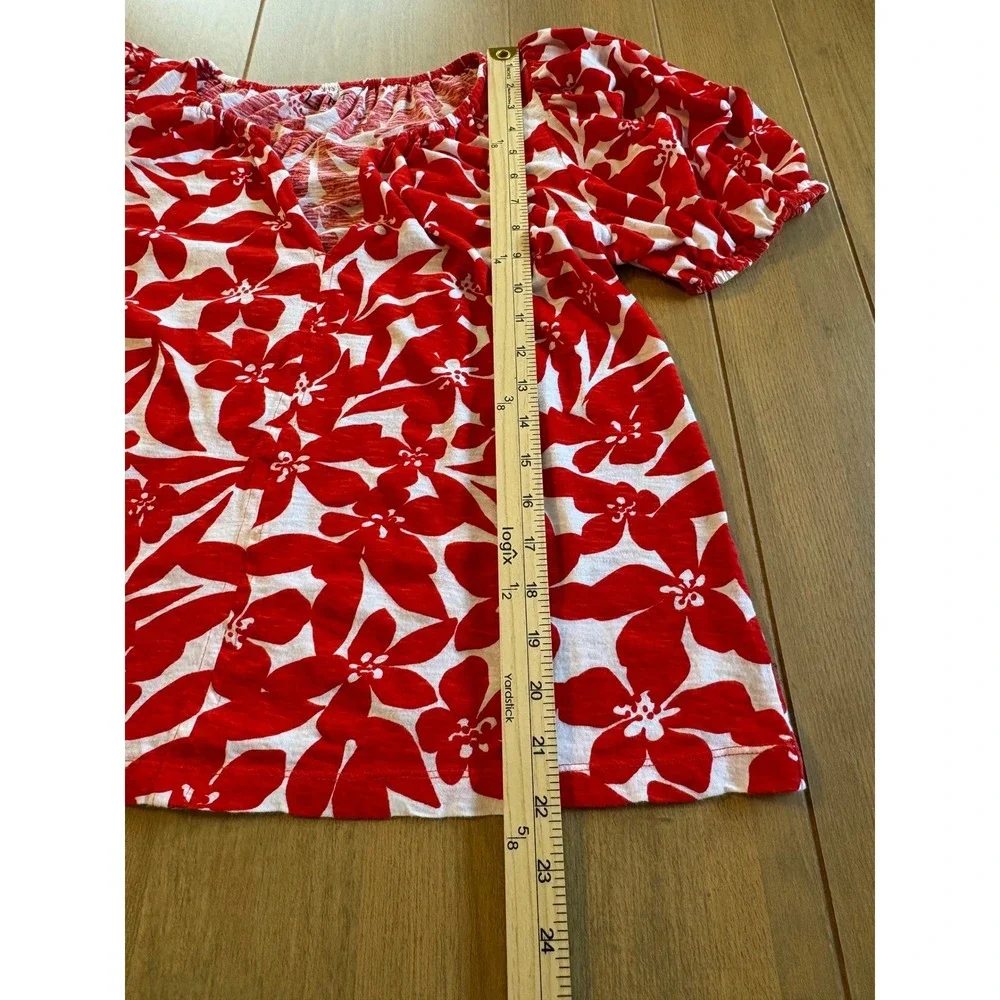 LOFT Floral Puff Sleeve Blouse Womens Medium Red White Cotton V-Neck Top Boho